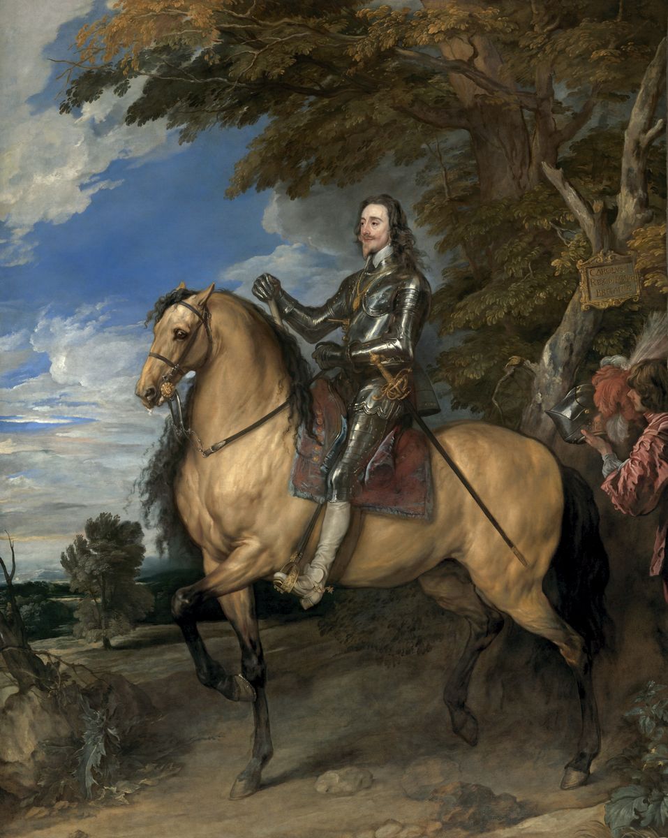 Peinture de Van Dyck représentant le roi Charles premier d'Angleterre, vêtu d'une armure, monté sur un grand cheval isabelle de profil.