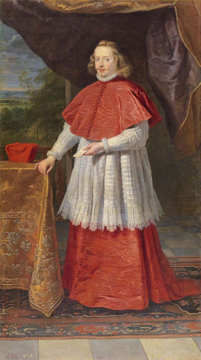 Peinture de Gaspard de Crayer représentant Ferdinand d'Autriche, debout, en pied, dans un habit de cardinal rouge et blanc.