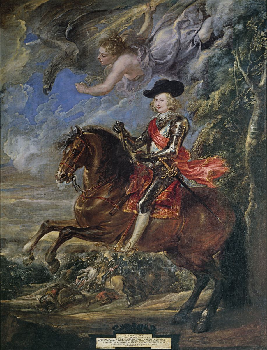 Peinture de Rubens représentant Ferdinand d'Autriche, monté sur un cheval bai, de profil et cabré.