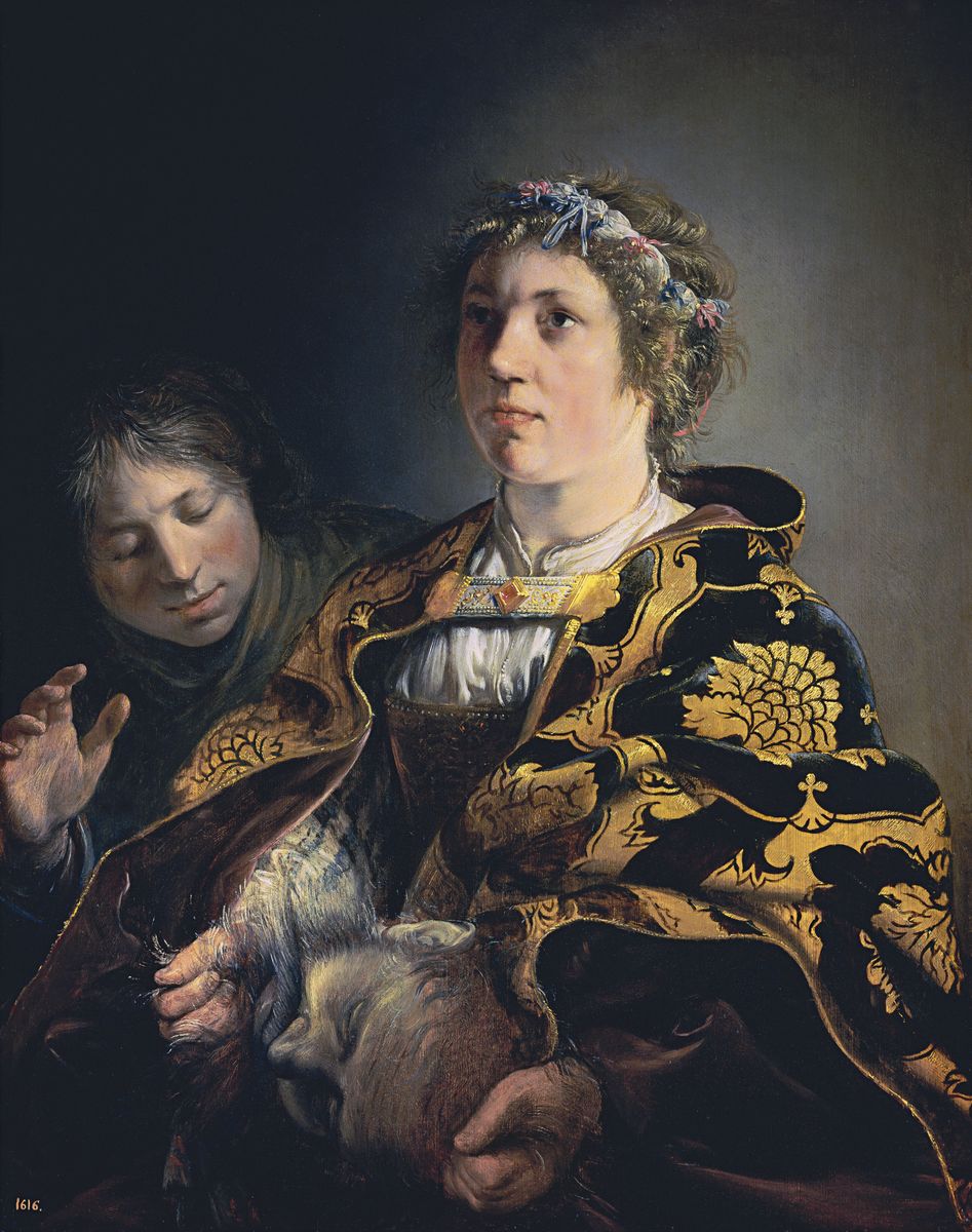 Peinture de Salomon de Bray représentant une jeune femme en buste, Judith, richement vêtue, tenant la tête d'Holopherne.