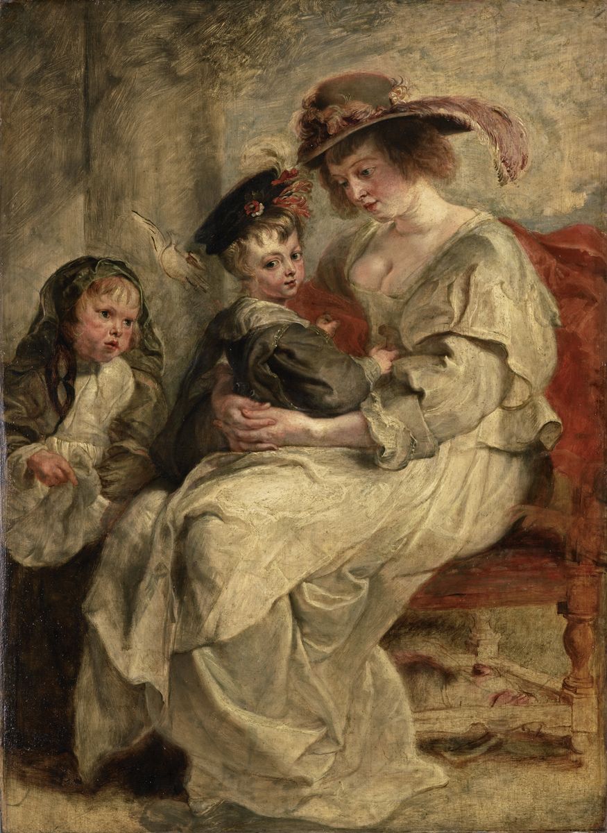 Peinture de Rubens représentant une jeune femme assise tenant un jeune garçon dans ses bras.