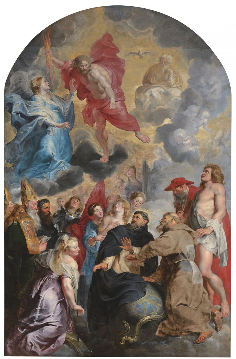 Peinture de Rubens représentant une scène du Christ dans le ciel qui s'apprête à lancer la foudre sur un globe que protègent deux saints.