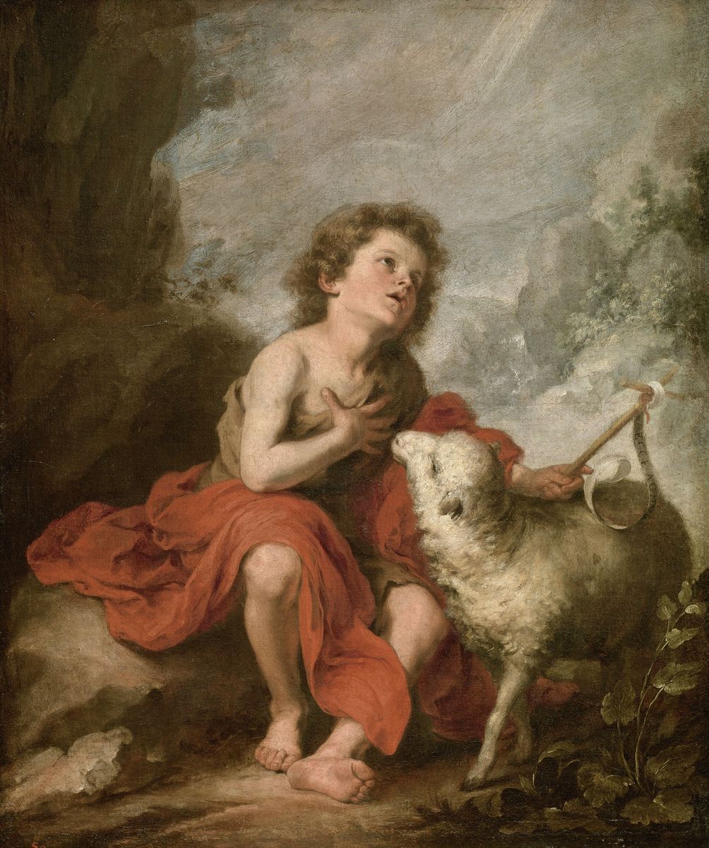 Peinture de Bartolomé Esteban Murillo représentant un jeune garçon, saint Jean Baptiste, assis sur un rocher, un agneau à côté de lui.