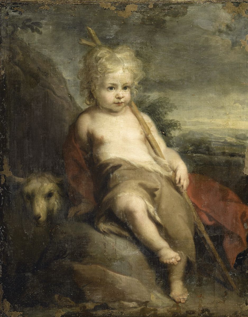 Peinture anonyme représentant un petit enfant blond, saint Jean Baptiste, assis sur un rocher, un agneau à côté de lui.