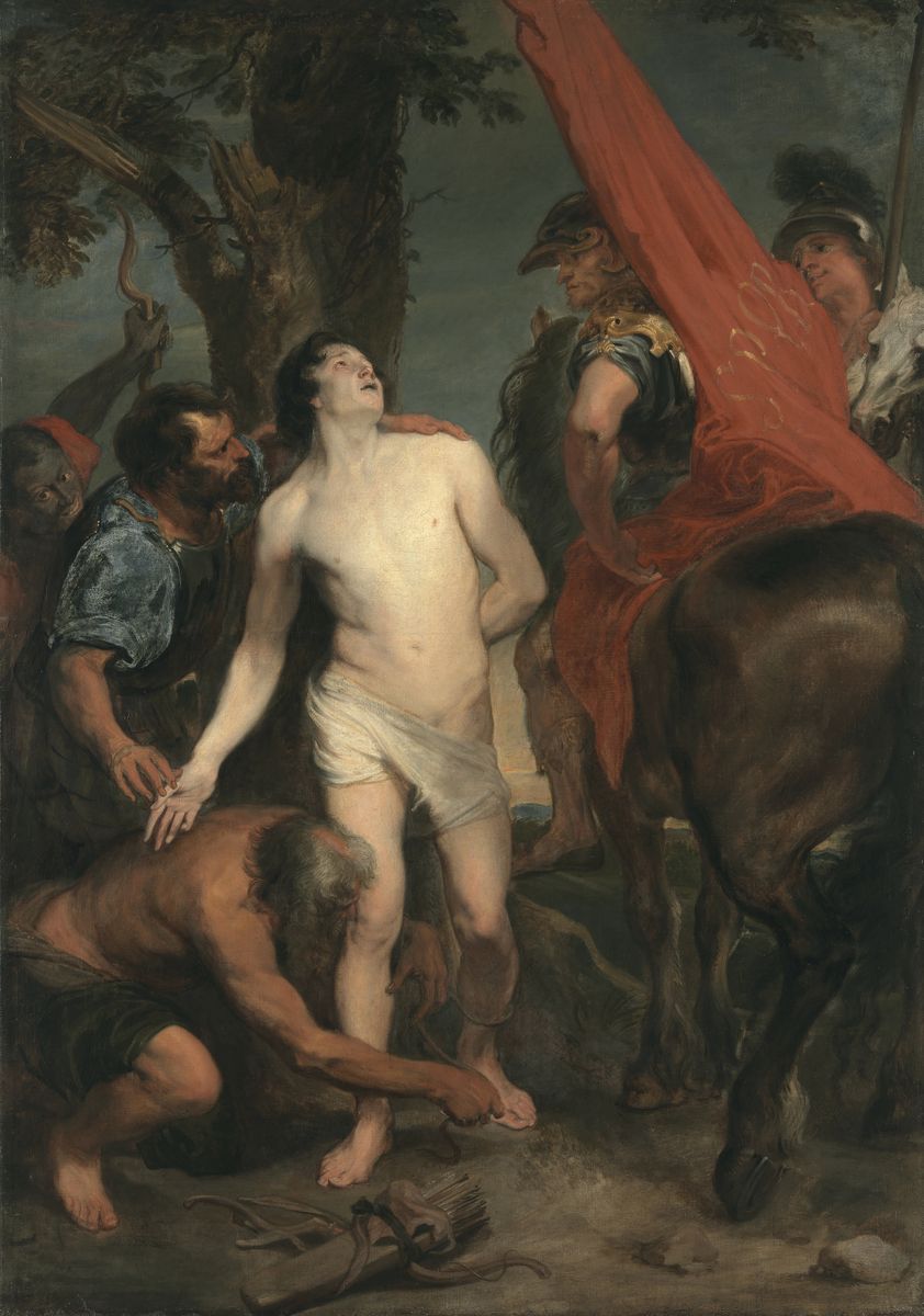 Peinture de Van Dyck représentant saint Sébastien, nu, que des hommes attachent à un arbre.