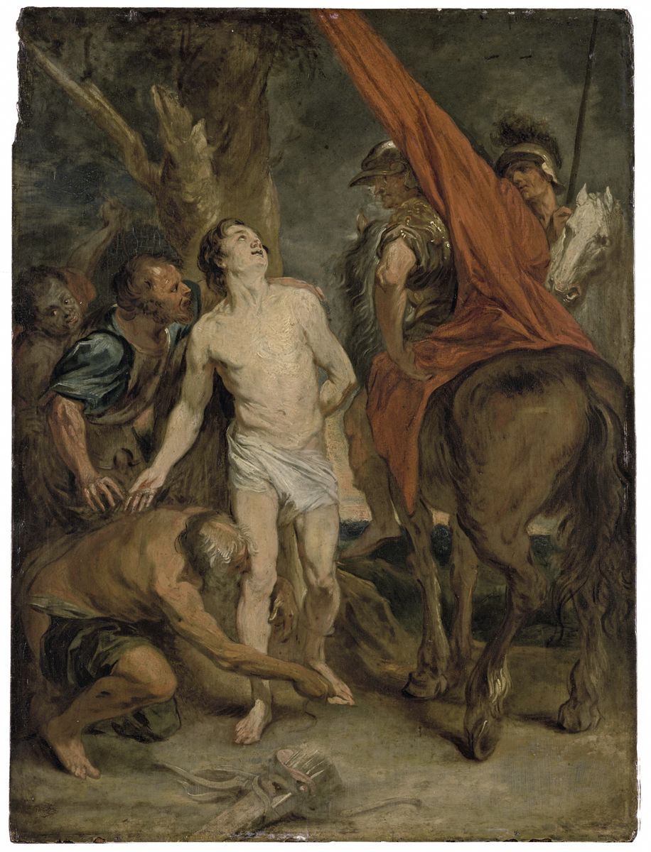 Peinture d'après Van Dyck représentant saint Sébastien, nu, que des hommes attachent à un arbre.