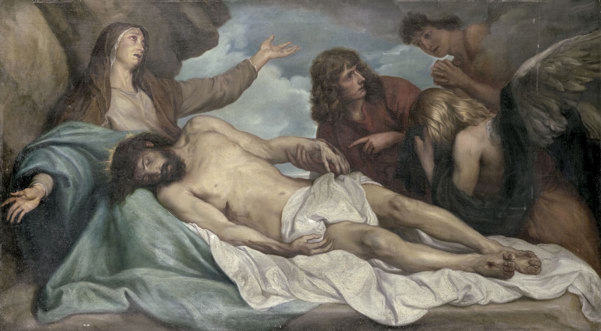 Peinture de Charles Félu, d'après Van Dyck, représentant une déploration, avec la Vierge éplorée tenant contre elle le corps du Christ mort, allongé.