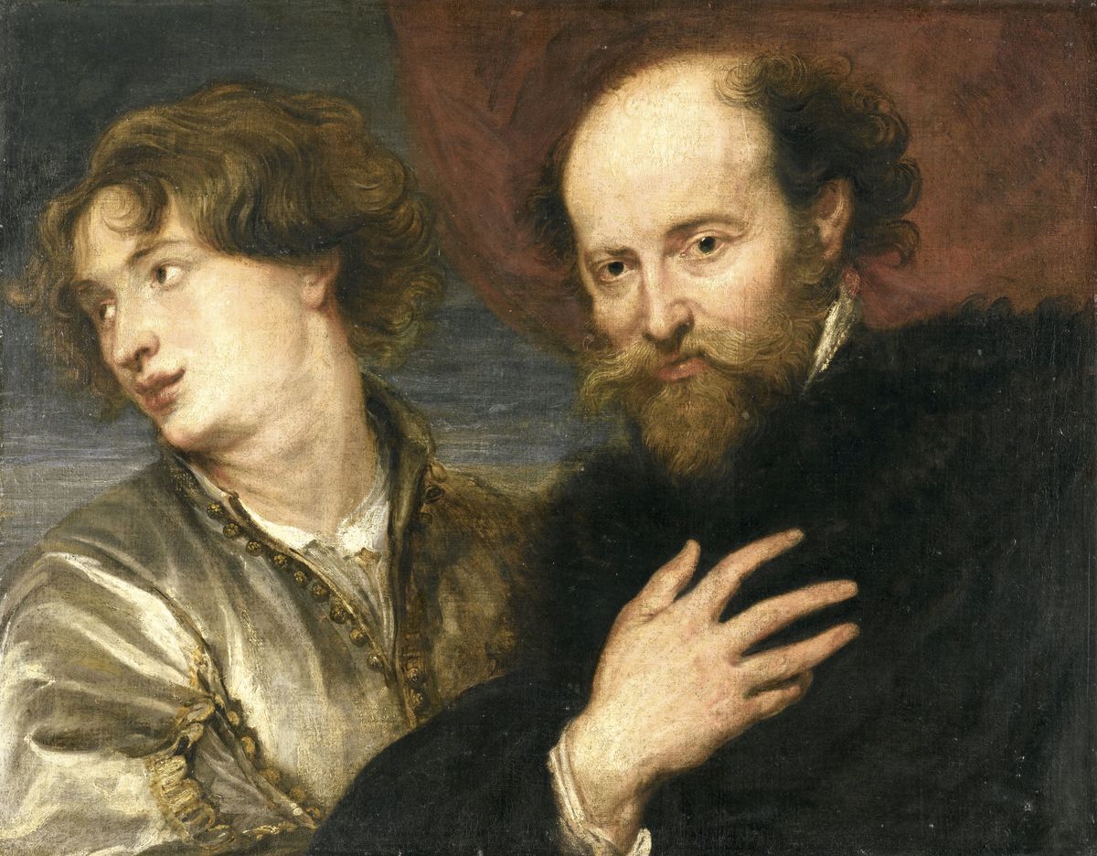 Peinture anonyme montrant un double portrait en buste : un jeune homme, Van Dyck, et un homme d'âge mur, Rubens.