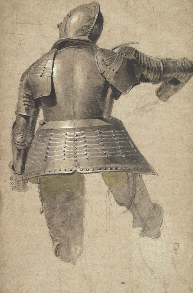 Dessin représentant un homme en armure, debout, de dos.