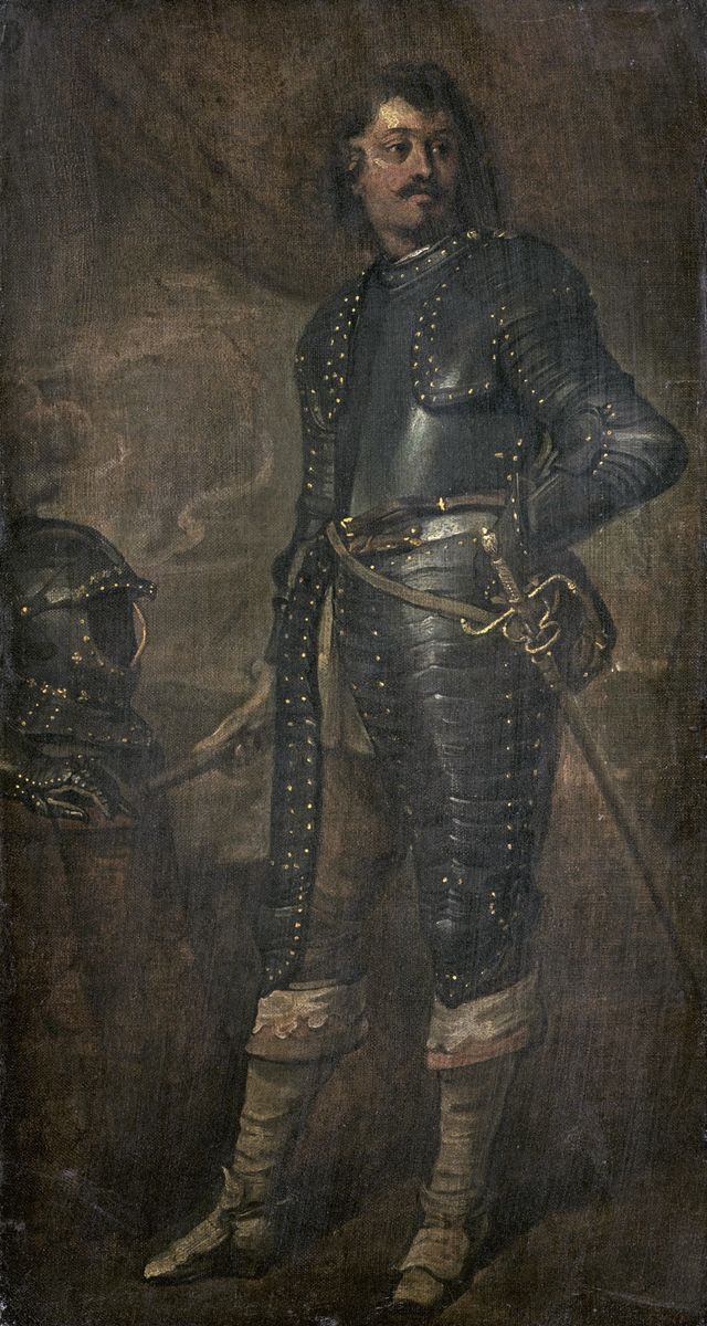 Peinture anonyme représentant un homme debout et en pied, en armure.