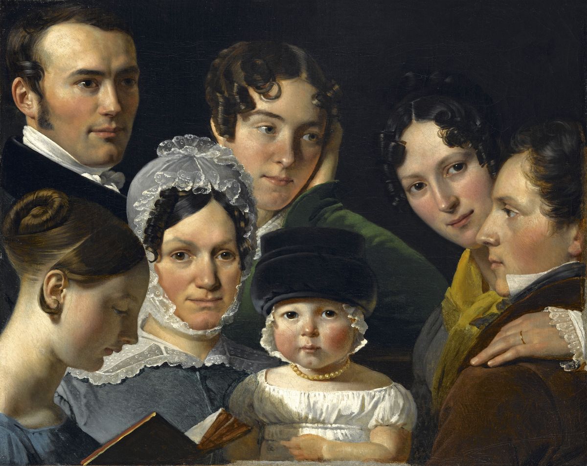 Peinture de Claude Marie Dubufe représentant les visages de sept personnes d'âges divers, dont une petite fille de profil et un bébé.