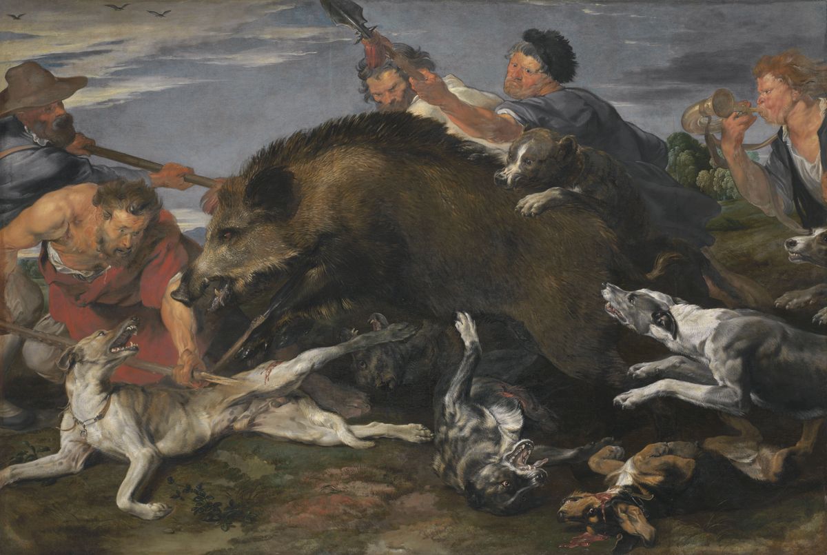 Peinture de Van Dyck représentant une scène de chasse avec un sanglier.