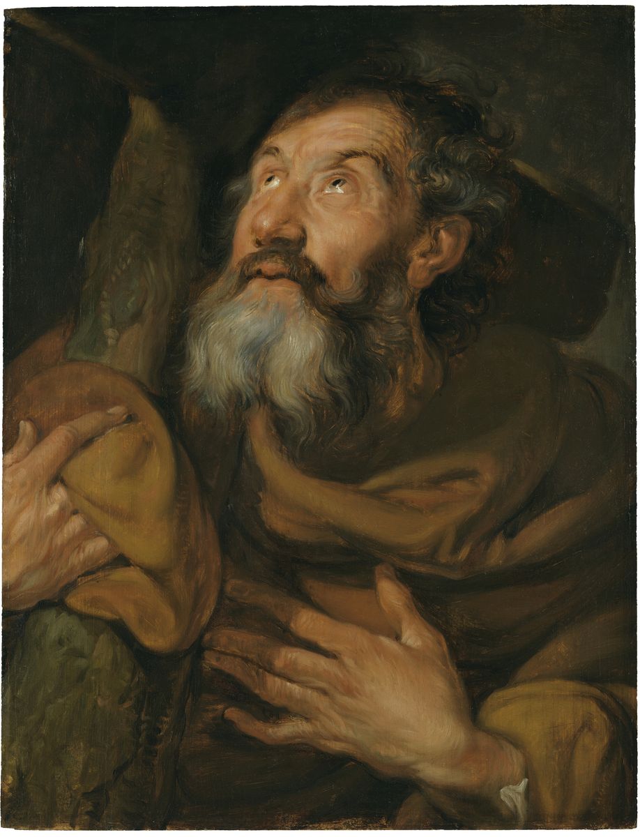 Peinture de Van Dyck représentant un vieil homme en buste, les yeux vers le ciel.