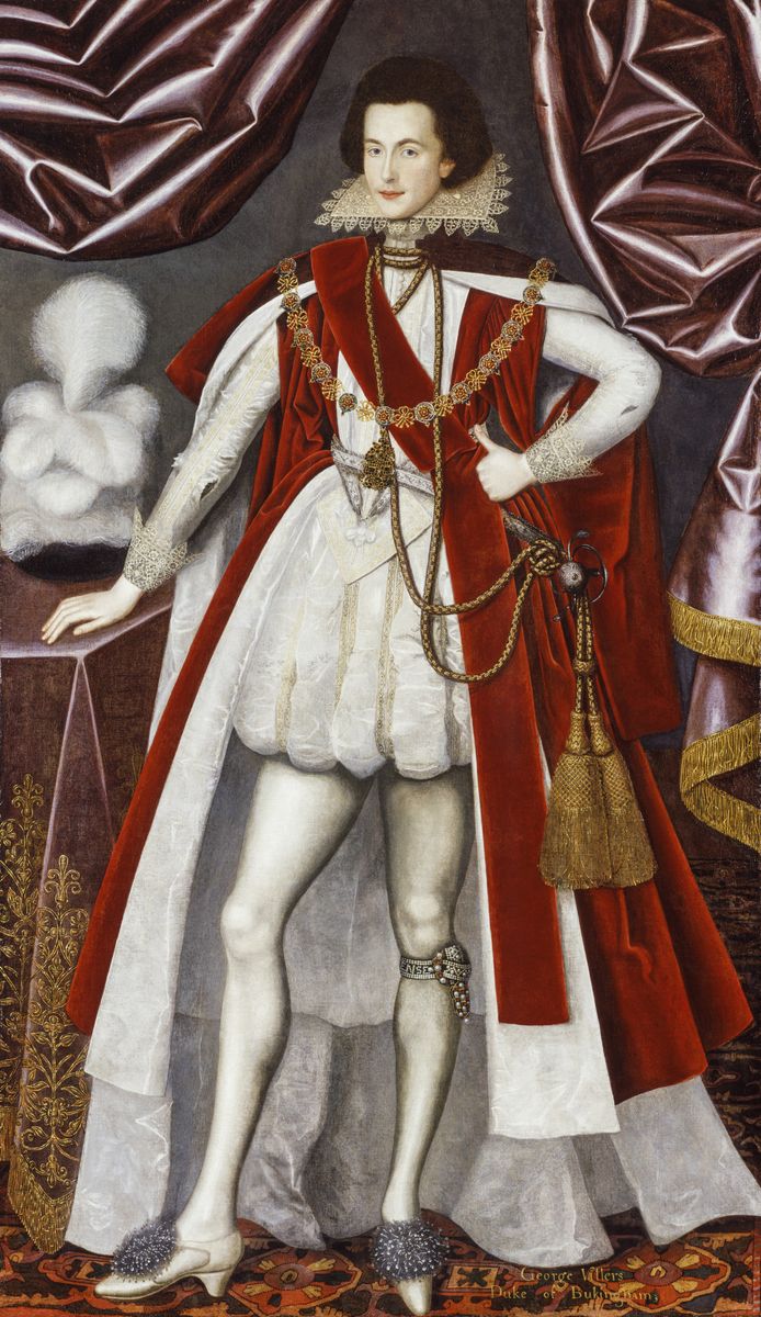 Peinture attribuée à William Larkin représentant un jeune homme en pied, en riche costume blanc et rouge, le duc de Buckingham.