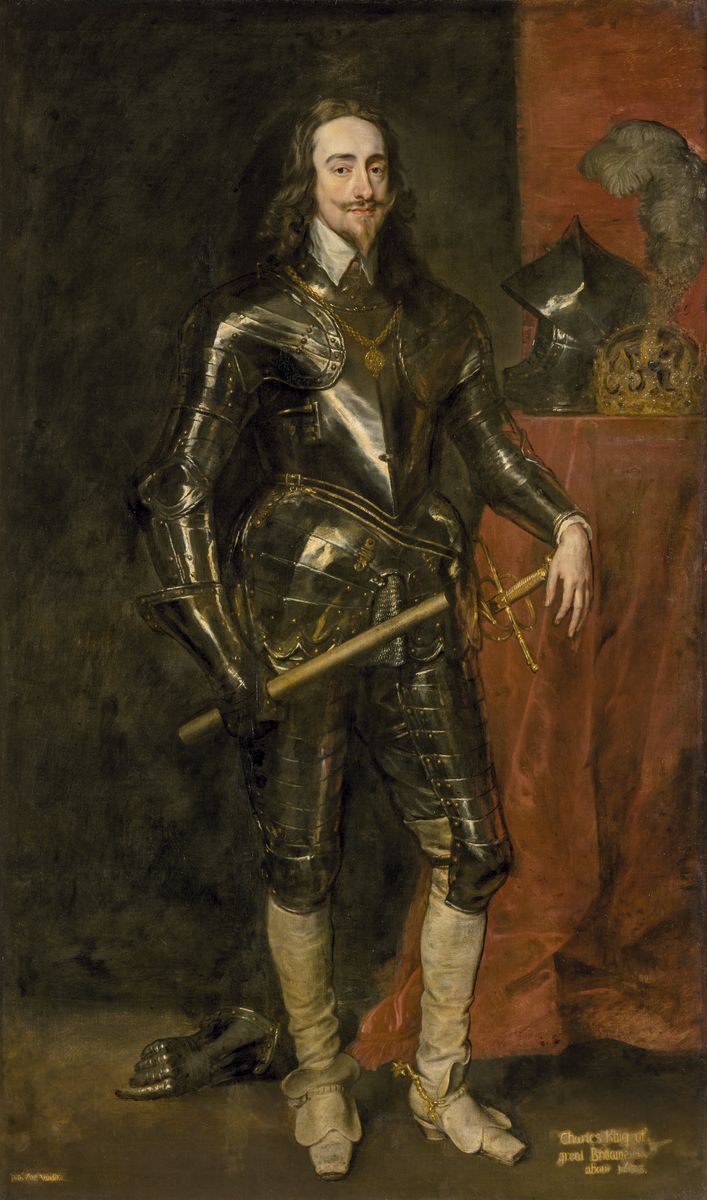 Peinture de Van Dyck représentant le roi Charles premier d'Angleterre en pied, en armure.