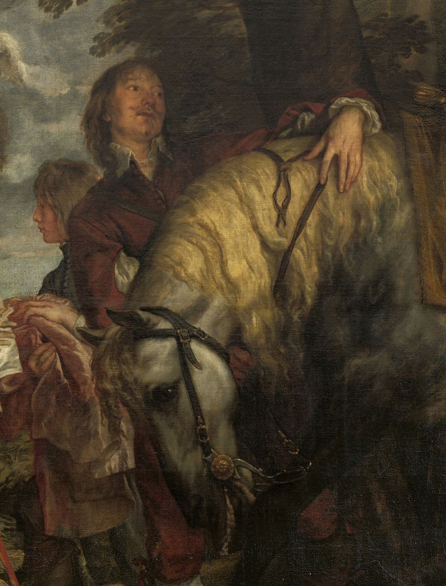 Peinture de Van Dyck représentant un détail du portrait de Charles premier d'Angleterre, avec la tête du cheval baissée et l'écuyer derrière lui.