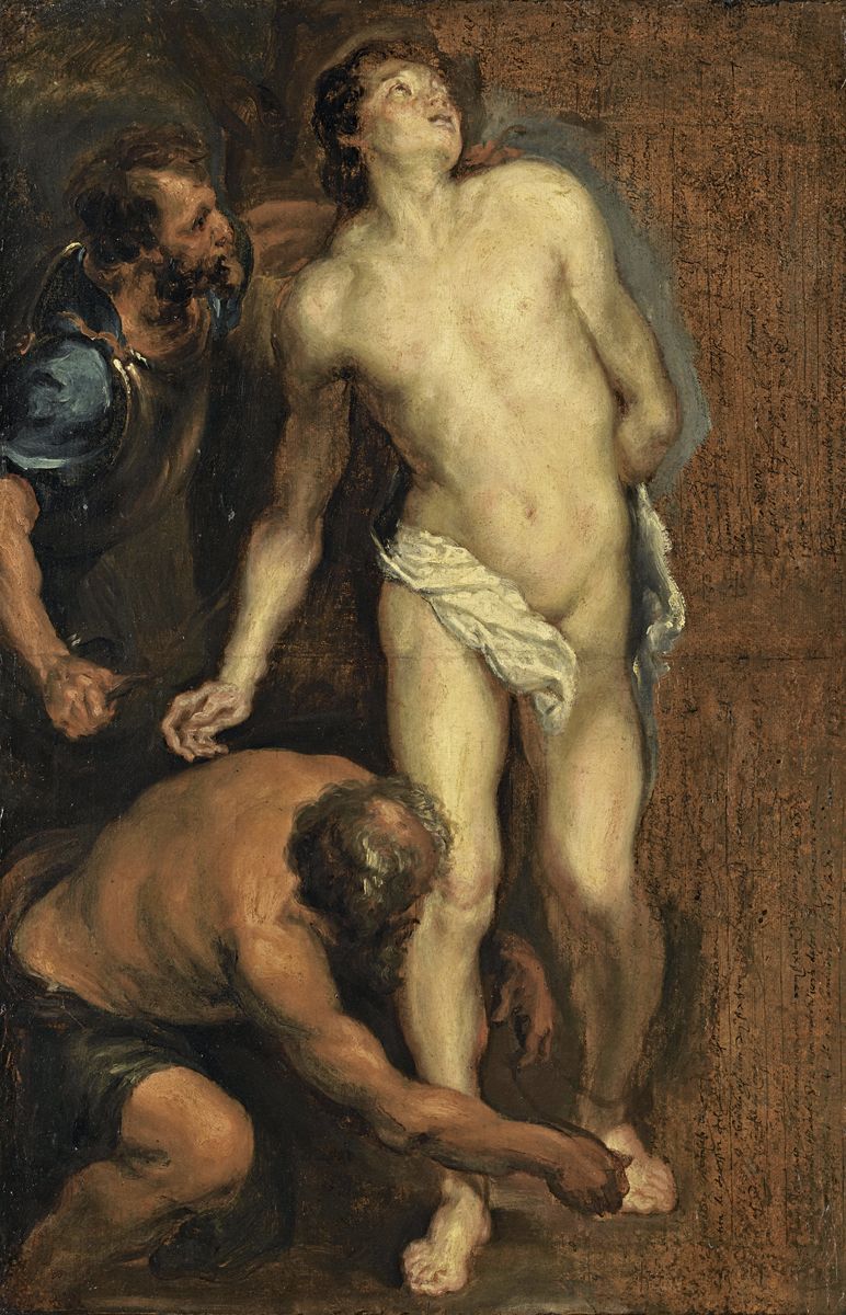 Peinture d'après Van Dyck montrant un jeune homme nu, debout, saint Sébastien, que l'on attache pour son martyre, sur un fond neutre.