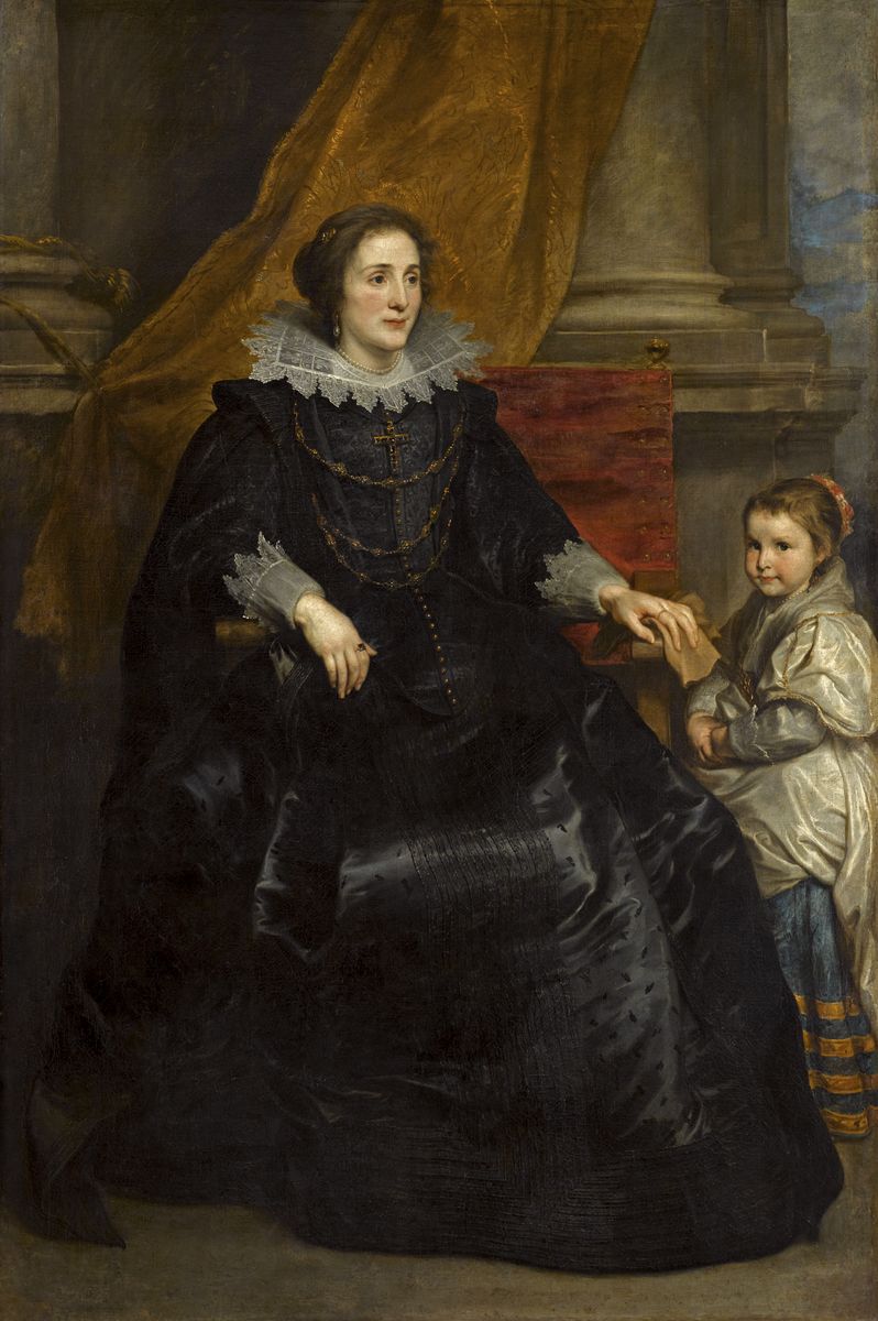 Peinture de Van Dyck montrant une élégante jeune femme assise, vêtue d'une robe noir noir, et sa petite fille debout à côté d'elle.