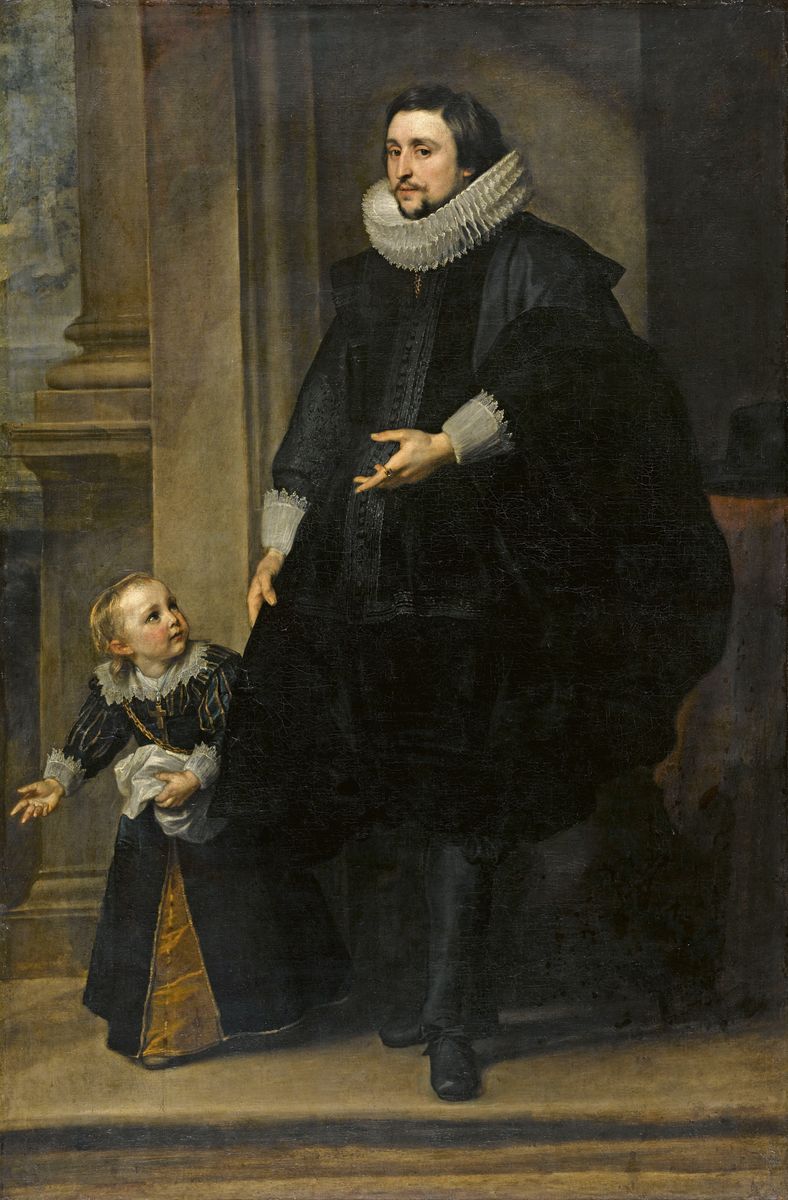 Peinture de Van Dyck montrant un homme debout, en habit noir, et son très jeune petit gaçon debout à côté de lui, vêtu d'une petite robe noire.