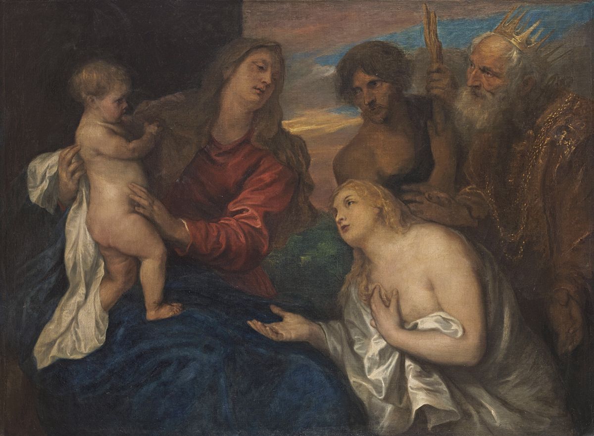 Peinture de Van Dyck représentant la Vierge, assise, présentant à trois personnages l'Enfant Jésus debout sur ses genoux.