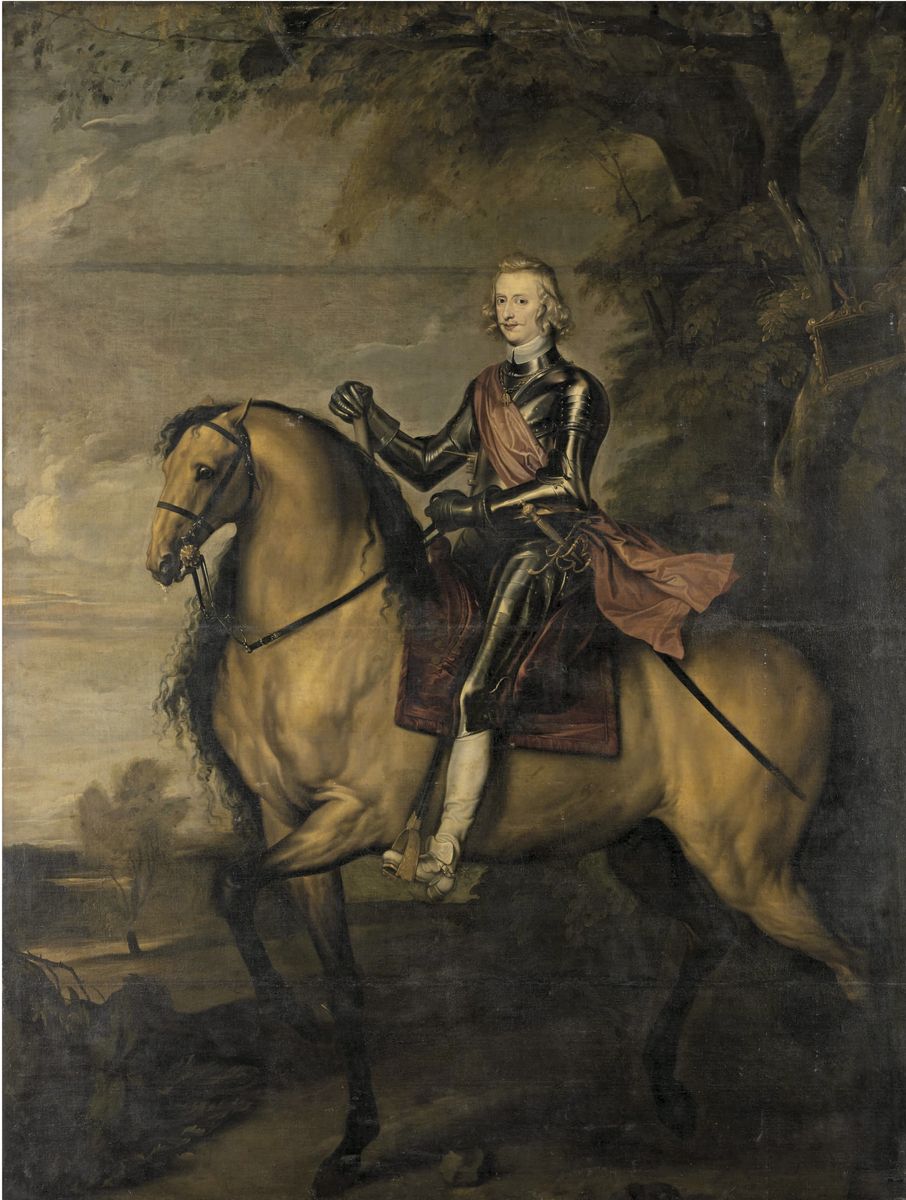 Peinture de Van Dyck, et peut-être de Gaspard de Crayer, représentant Ferdinand d'Autriche, jeune homme vêtu d'une amure, monté sur un grand cheval isabelle de profil. 