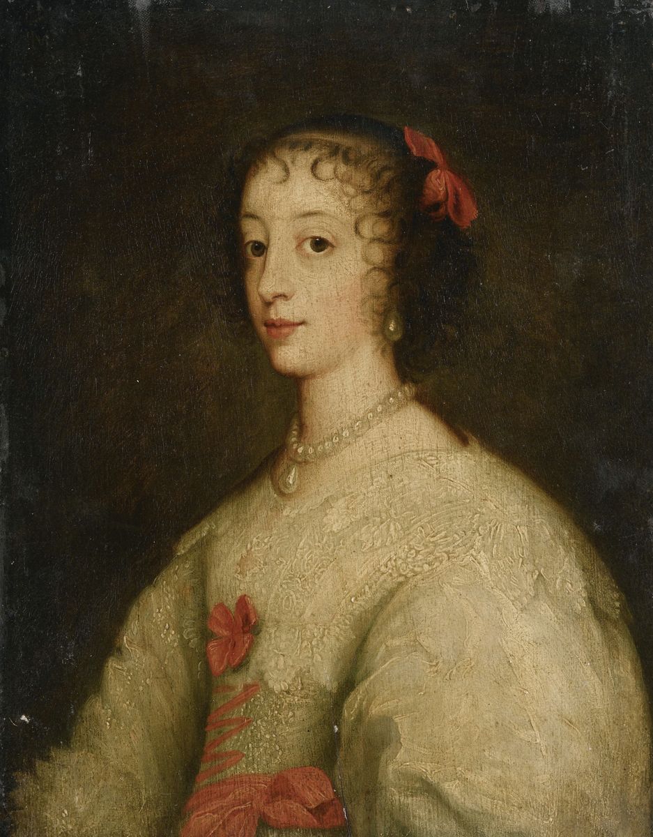 Peinture d'après Van Dyck représentant la jeune reine Henriette Marie en buste.