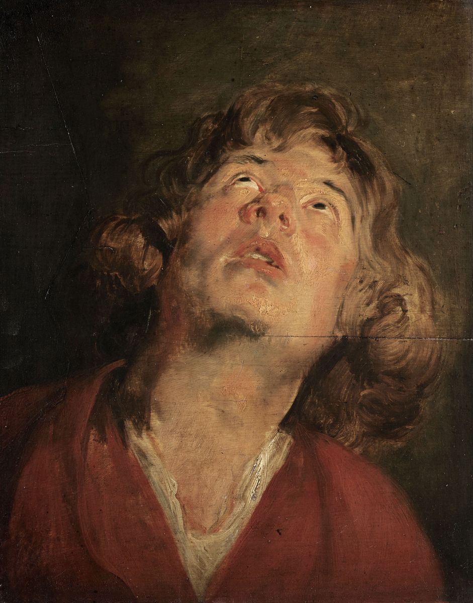 Peinture de l'atelier de Rubens représentant la tête d'un jeune homme les yeux levés au ciel.